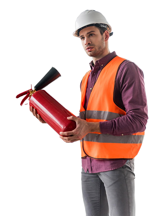 handsome fireman holding red extinguisher standing near white board with fire safety lettering